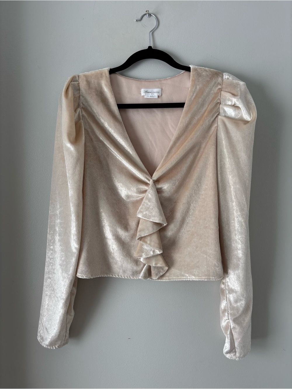 Lovers + Friends Shimmery Cream Velvet Ruffle V-Neck Blouse revolve medium